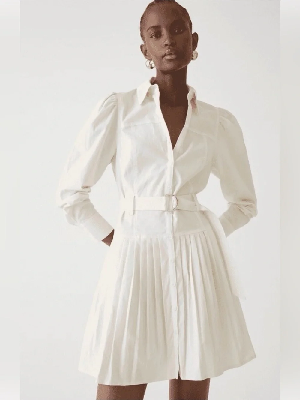 J Crew White Pleated Belted Shirt Dress